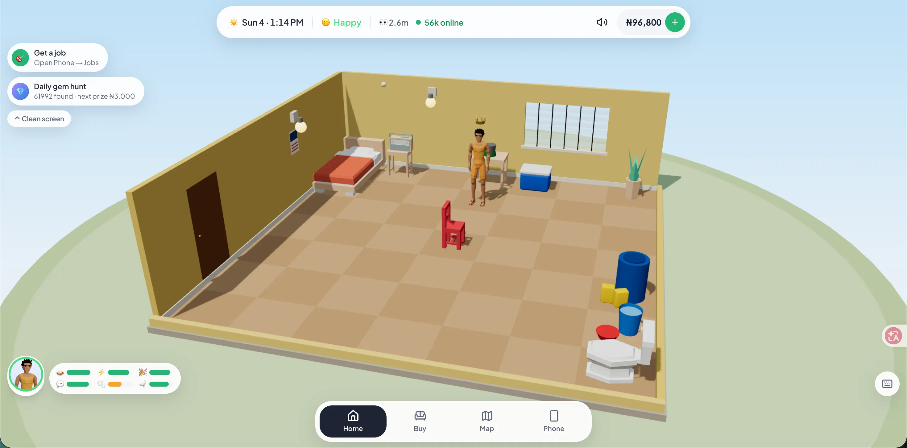 A Lagos Life Sim in a modest room, with household furniture and the Home, Buy, Map and Phone navigation.